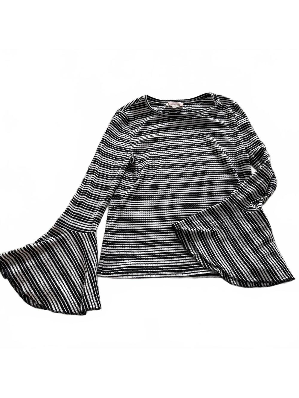 PHILOSOPHY Black & White Stripe Crew Neck Long Bell Sleeve Shirt SZ L Nautical